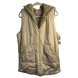 Zella Womans Faux Shearling 3/4 Reversible Vest Tan Sz XL Insulated Hooded NEW